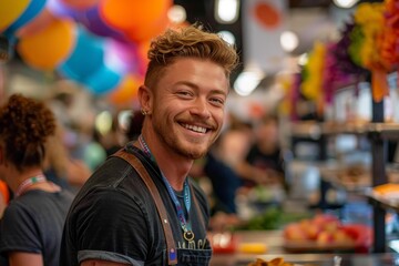 Fototapeta premium Candid Moment at Pride Charity Event with Actor Serving Food.
