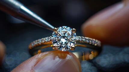 A jeweler carefully examines a sparkling diamond ring, ensuring its quality and brilliance with precision tools in a well-lit workshop