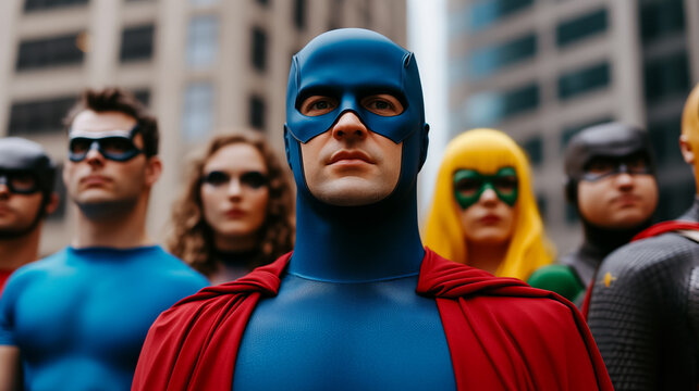 A group of friends in elaborate cosplay posing for photos in front of a large backdrop featuring iconic comic book imagery 