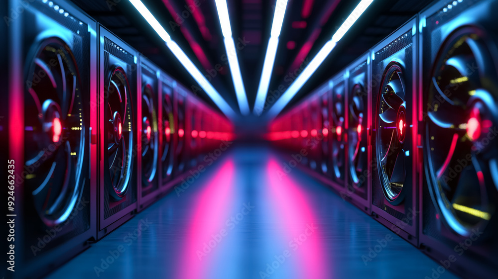 Poster a high tech mining farm with rows of cryptocurrency mining rigs neon lights and cooling fans all in 