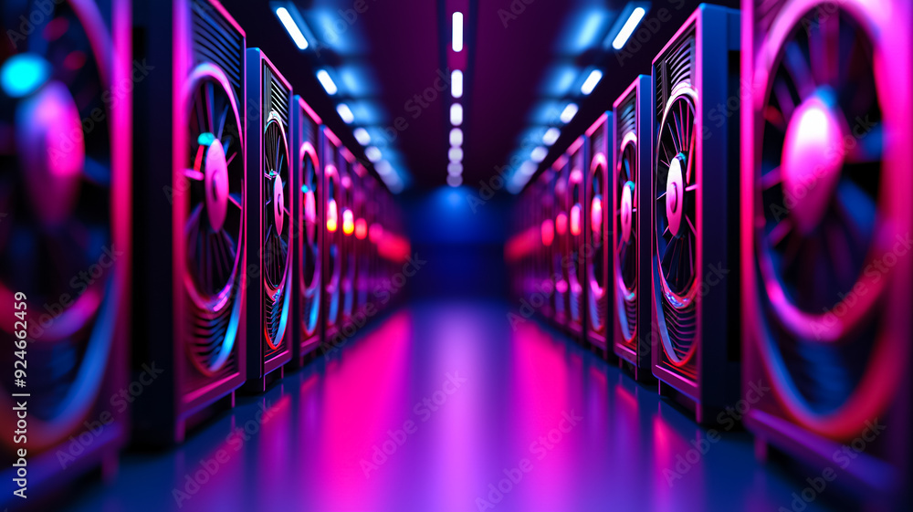 Poster a high tech mining farm with rows of cryptocurrency mining rigs neon lights and cooling fans all in 