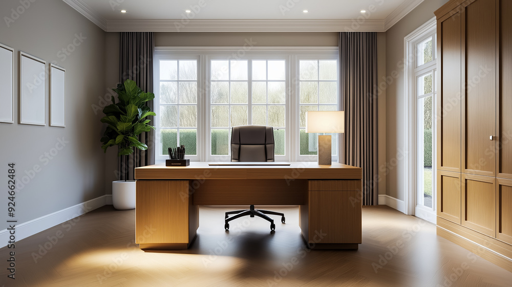 Aufkleber a home office with ambient lighting from a desk lamp and recessed ceiling lights creating a focused 