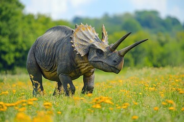 A Triceratops Dinosaur in a Field of Yellow Flowers