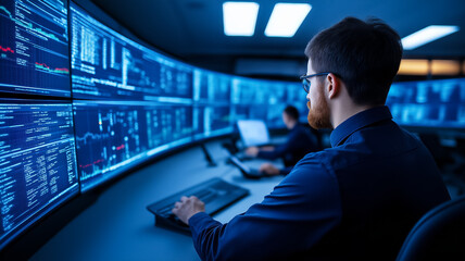A modern data centers control room with large screens displaying cloud computing metrics and analytics engineers at workstations 