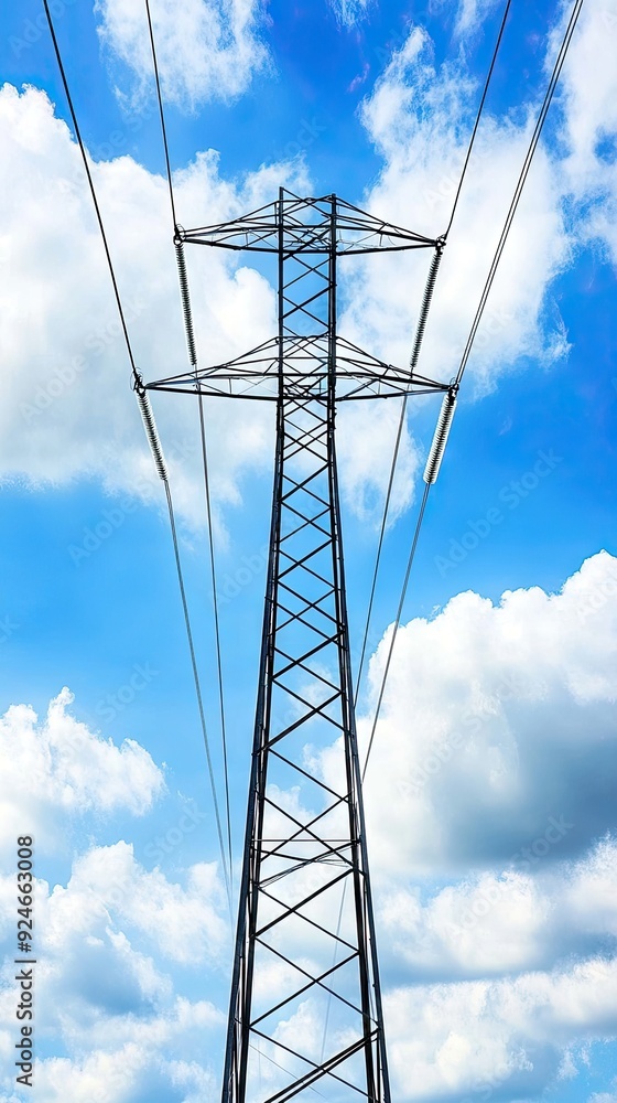 Poster a low-angle view of towering high-voltage power lines against a backdrop of blue sky and fluffy clou