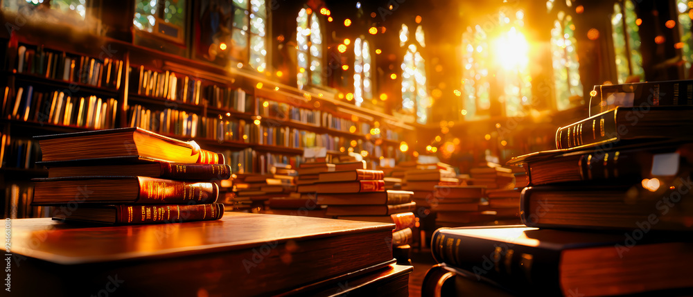Poster a warm, sunlit library filled with stacks of books, creating a cozy atmosphere perfect for reading a