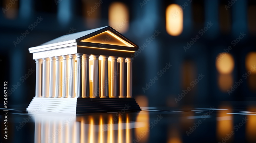 Poster a miniature model of a classical building illuminated, showcasing architectural elegance and intrica