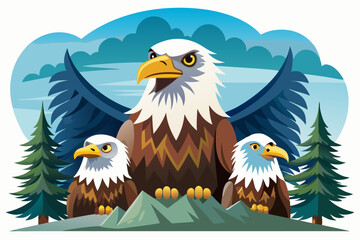 A Proud Bald Eagle with Two Young Ones on a Mountaintop