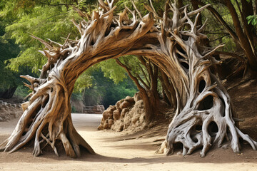 generated illustration of Fantasy arch door frame in woods door in forest Mystical entrance