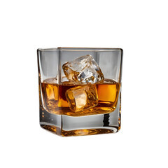 Whisky on the rocks , a glass of whisky with ice isolated on transparent , white background 	