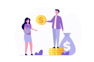 Leader gives coin, income or salary growth, income or salary growth concept.