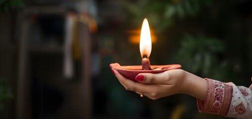 A young lady is holding an earth lamp during Diwali festival