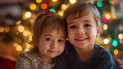 Two smiling little children, Christmas tree background decorated with colorful lights.