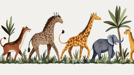 A whimsical illustration of various animals marching together, showcasing nature's beauty in a playful style.
