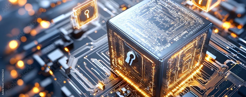 Poster a secure digital environment showcasing a locked cube on a circuit board, symbolizing cybersecurity 