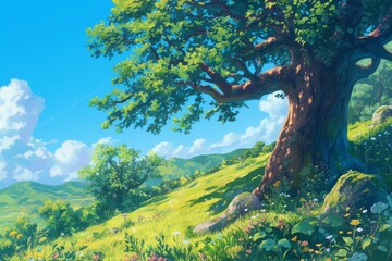 Fototapeta premium Vibrant green landscape with large oak tree on a sunny summer day. Lush green grass, hills, mountains, blue sky, white clouds, flowers and rocks.