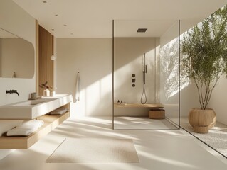 A bathroom with a large window and a plant in a vase
