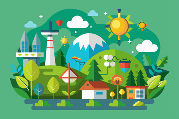 A Colorful and Abstract Depiction of a Landscape with Buildings, Trees, and a Mountain