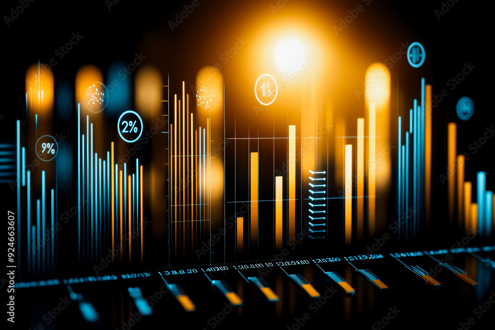 Poster abstract data visualization with glowing graphs and charts, showcasing modern analytics concepts and