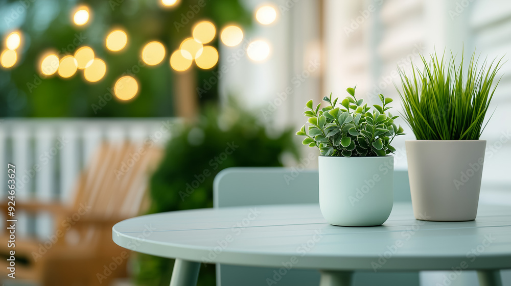 Poster a sage green dining set on a patio with potted plants and string lights creating a cozy inviting out