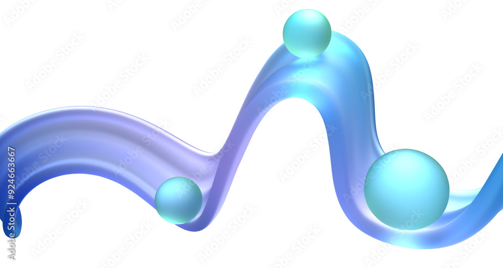 Poster 3d abstract liquid ribbon wave line with glow turquoise magic spheres png isolated on transparent ba