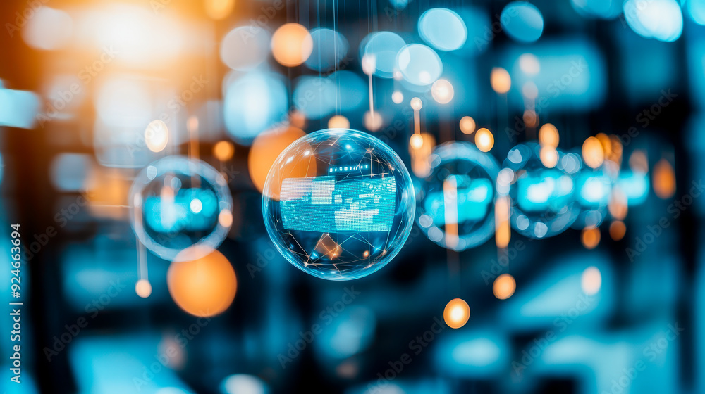 Poster abstract image featuring glowing bubbles with digital elements, creating a futuristic and vibrant at