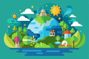 Obraz premium A Colorful Illustration of a Lush, Green Earth with Houses and a Factory