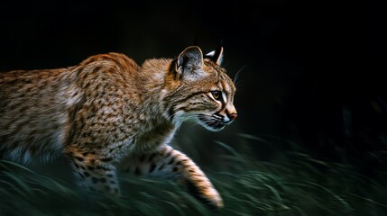 Obraz premium A bobcat walks through tall grass on a dark background.