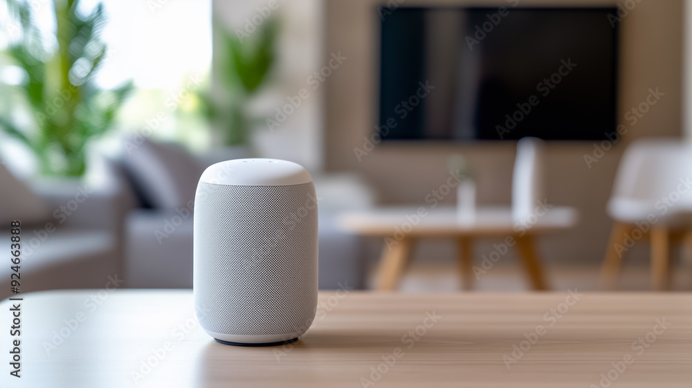 Poster a smart home setup with a voice assistant controlling various iot devices like lights locks and ente