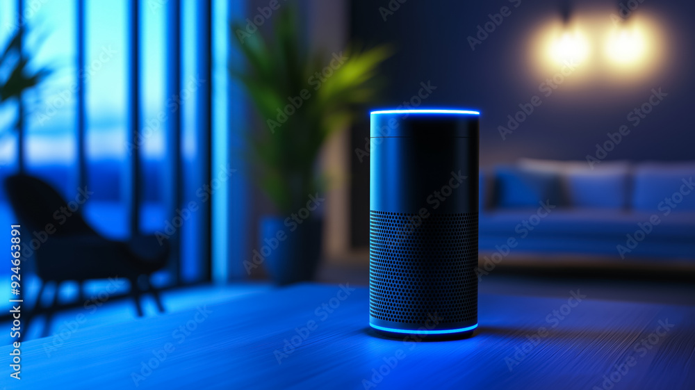 Poster a smart home setup with a voice assistant controlling various iot devices like lights locks and ente