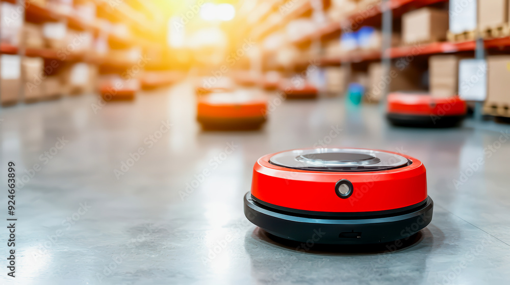 Aufkleber an automated robot in a warehouse, efficiently navigating among rows of shelves filled with boxes in