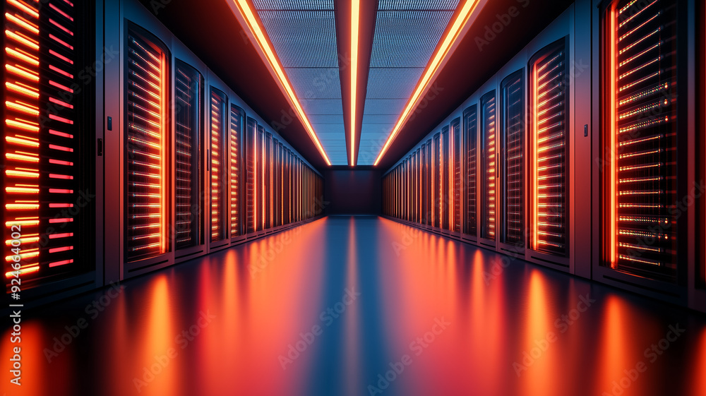 Poster a state of the art data center with rows of glowing server racks fiber optic cables and cooling syst
