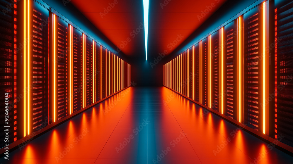 Poster a state of the art data center with rows of glowing server racks fiber optic cables and cooling syst