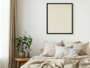 A white framed picture hangs on a wall in a bedroom