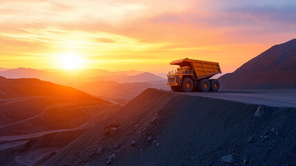 Fototapeta premium A wide angle view of an open pit mine at sunset with trucks and machinery in motion against the backdrop of rugged terrain 