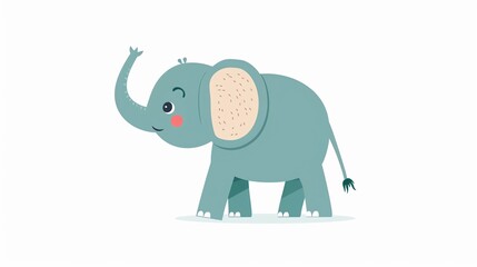 Obraz premium Friendly elephant standing with trunk up clipart, simple cartoon 2D, flat art
