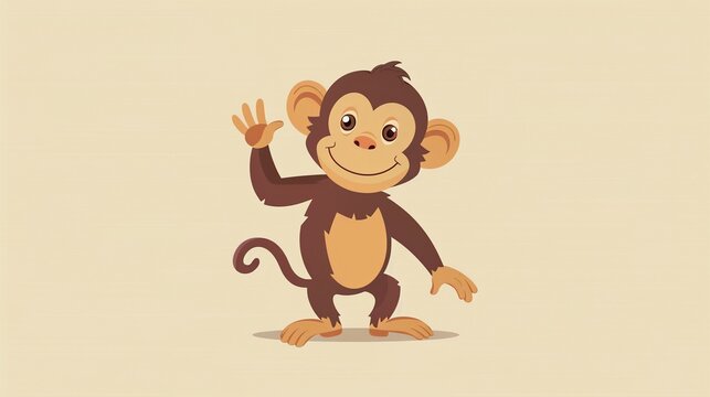 Playful monkey standing and waving clipart, simple cartoon 2D, flat art