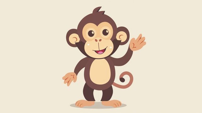 Playful monkey standing and waving clipart, simple cartoon 2D, flat art