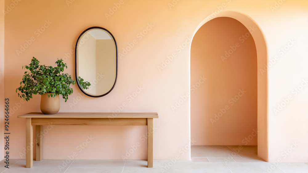 Poster an entryway with venetian plaster walls in a light peach a wooden console table and a mirror creatin