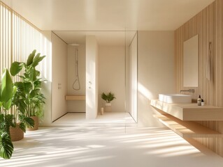 A bathroom with a large mirror and a sink