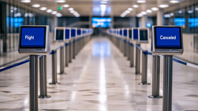 An empty check in counter at an airport with a prominent Flight Canceled notice on the display screen 