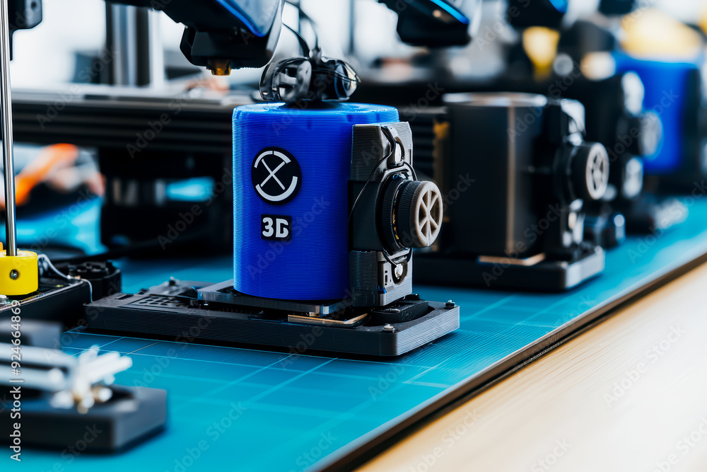 Poster close-up of a modern 3d printer on a workshop table, showcasing advanced technology and precision in