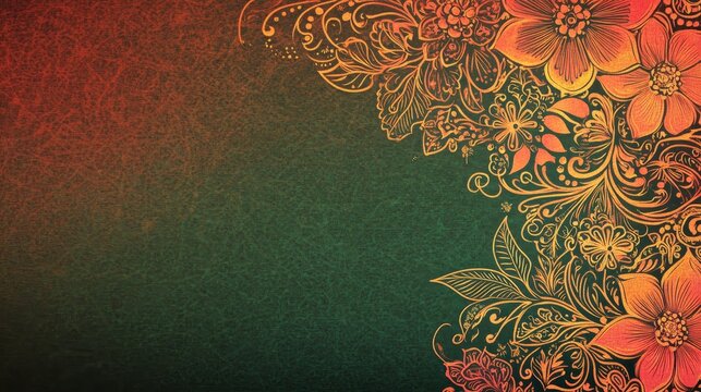 A beautiful floral design with intricate details,  golden swirls, and delicate flowers in red and orange hues against a green and orange gradient background. The design evokes a sense of elegance, bea