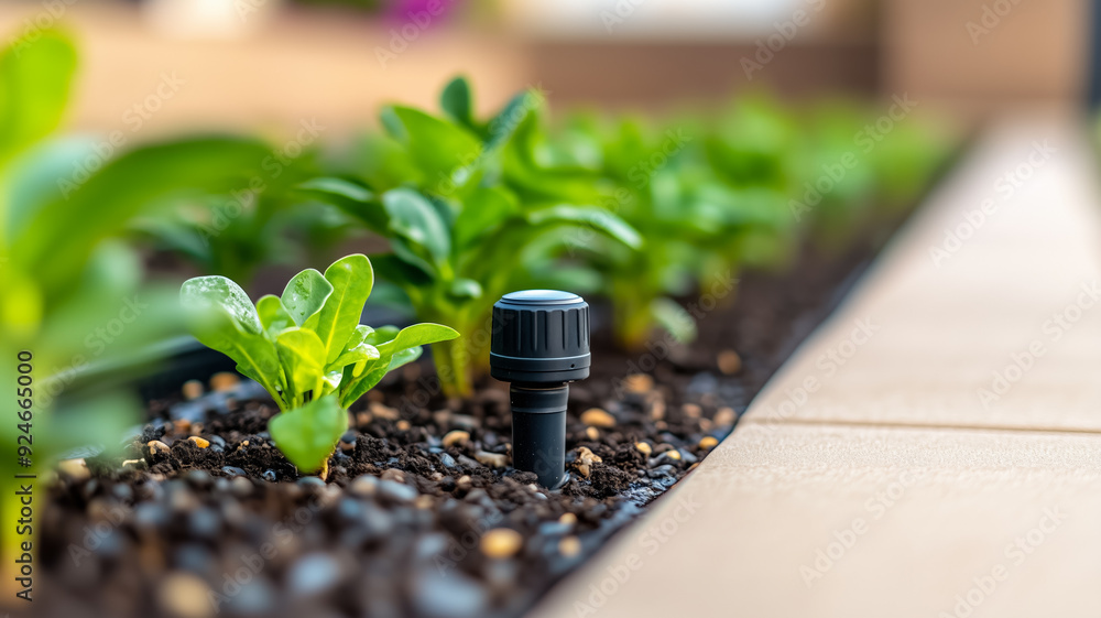 Poster closeup of a smart irrigation system in a garden with sensors and automated sprinklers controlled vi