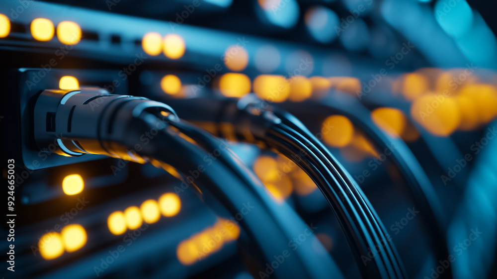 Poster closeup of network cables and fiber optics connecting server racks in a modern data center with a bl