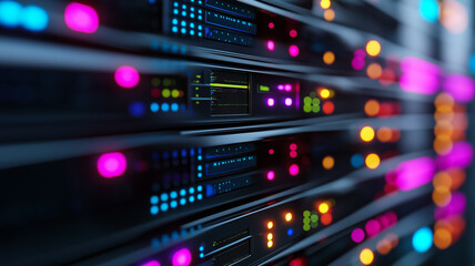 Closeup of server racks in a modern data center with blinking LEDs network cables and neatly arranged hardware 