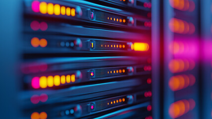 Closeup of server racks in a modern data center with blinking LEDs network cables and neatly arranged hardware 