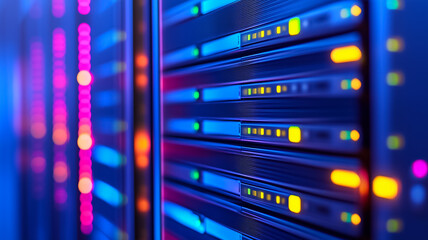 Naklejka premium Closeup of server racks in a modern data center with blinking LEDs network cables and neatly arranged hardware 