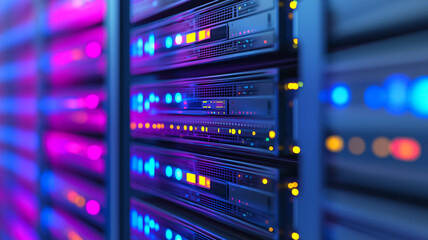 Closeup of server racks in a modern data center with blinking LEDs network cables and neatly arranged hardware 