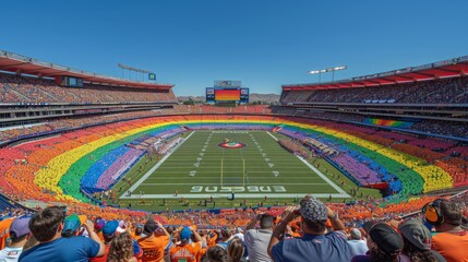 Obraz premium Large Sports Stadium Filled with Rainbow Flags on Pride Game Day